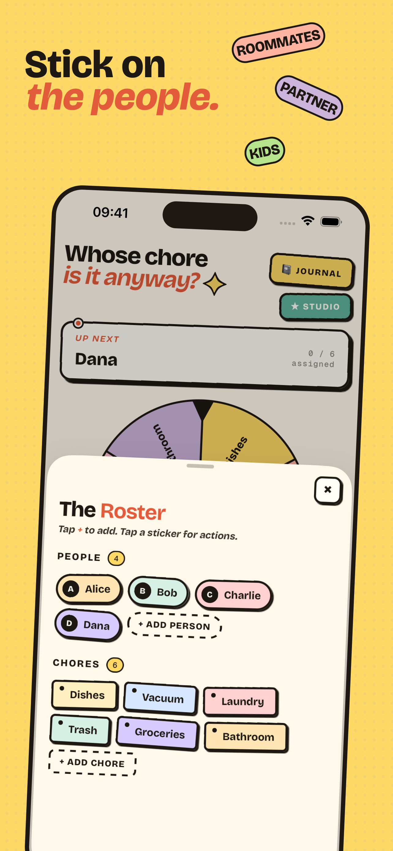 Roster screen showing people and chore stickers
